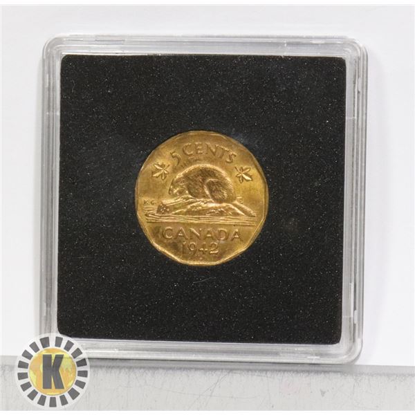 UNCIRCULATED 1942 TOMBAC BRASS CANADIAN 5 CENT