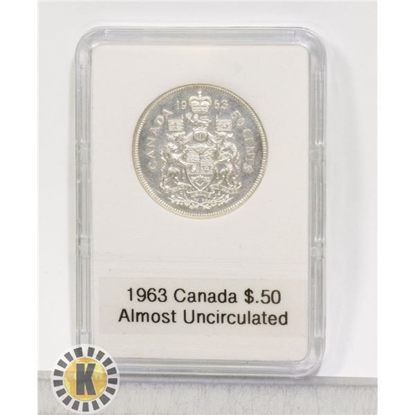 1963 CANADIAN SILVER 1/2 DOLLAR, ALMOST