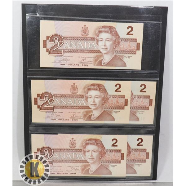 1986 $2.00 5 PCS. ALL UNCIRCULATED CRISP