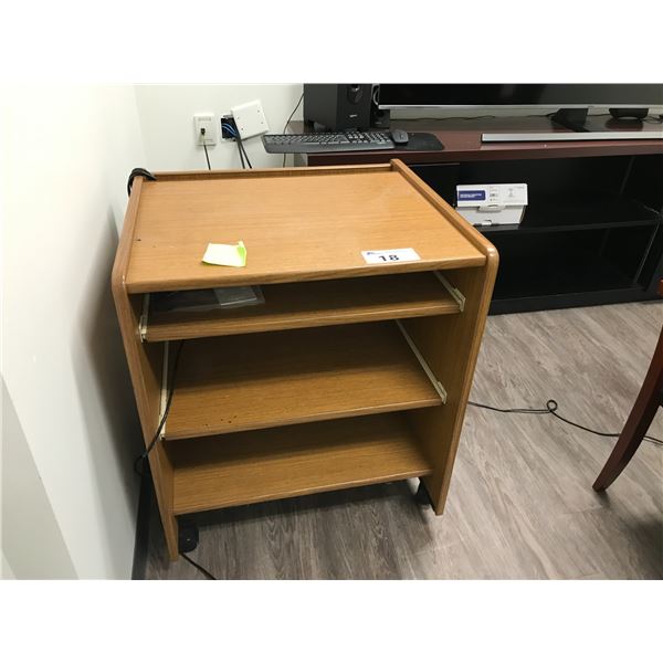 OAK COMPUTER STAND, DARK WOOD BOOKCASE AND WHITE BOARD