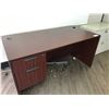 Image 1 : MAHOGANY 5' SINGLE PEDESTAL DESK, A 30" BOOKCASE AND A BEIGE 2 DRAWER LATERAL FILE CABINET