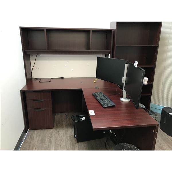 MAHOGANY 6 X 6' CORNER COMPUTER DESK WITH OVERHEAD AND 6' BOOKCASE