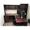 Image 1 : MAHOGANY 6 X 6' CORNER COMPUTER DESK WITH OVERHEAD AND 6' BOOKCASE