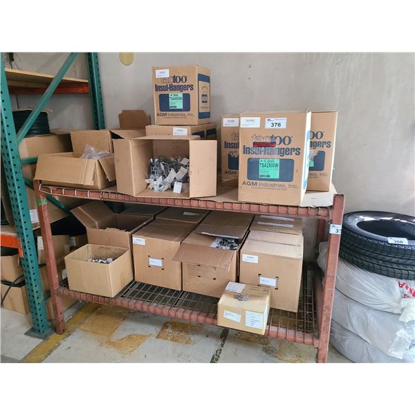 2 SHELVES, APPROXIMATELY 18 BOXES OF SELF ADHERING MILD STEEL INSULATION HANGERS WITH WASHERS