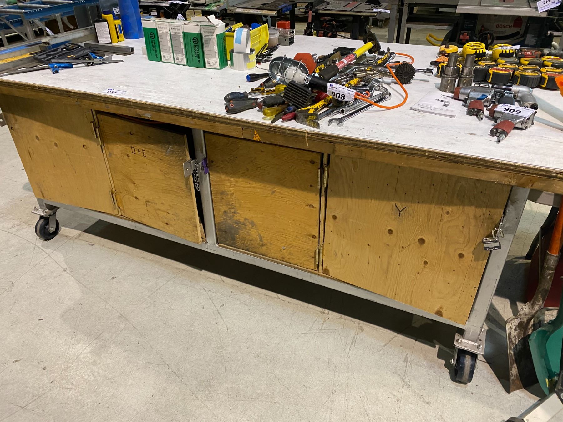 LARGE MOBILE WORK BENCH WITH LOCKING STORAGE, 4' X 8'