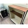 Image 2 : 2 X WHITE WORK TABLE WITH 2 DRW. LEGAL FILE CABINET AND BOOKSHELF.  COMES WITH GLASS DESK TOPPER