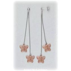 Solid 14K Gold Butterfly Drop Earrings 2Tone 3"