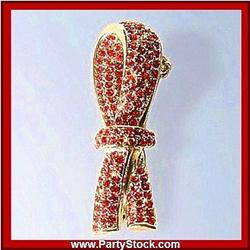 RIBBON PIN BROOCH GOLD SWAROVSKI CRYSTALS RED