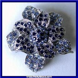 BLUE FLOWER PIN BROOCH ALL SWAROVSKI CRYSTAL GOLD
