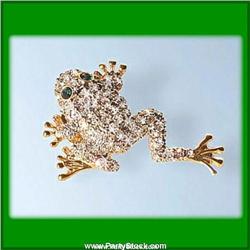 WHITE SWAROVSKI CRYSTALS FROG PIN BROOCH GOLD