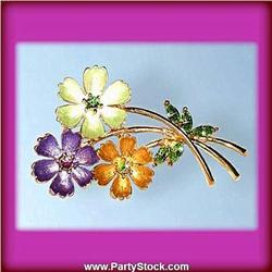 3 FLOWER PIN BROOCH GOLD CRYSTAL SWAROVSKI