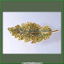 GREEN LEAF PIN BROOCH GOLD SWAROVSKI CRYSTALS