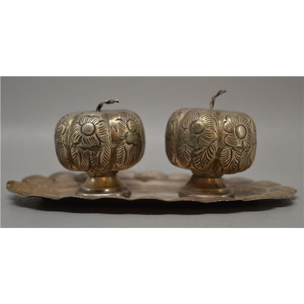STERLING SILVER SALT AND PEPER SHAKERS WITH TRAY