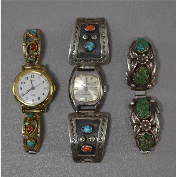 THREE NATIVE AMERICAN NAVAJO SILVER WATCH TIPS/WATCHES