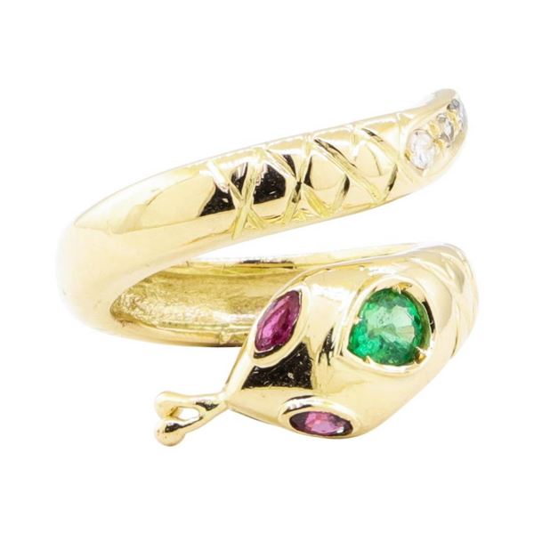 0.66 ctw Emerald, Ruby, and Diamond Snake Ring - 14KT Yellow Gold