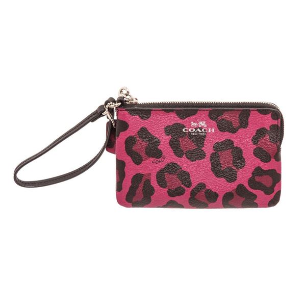 Coach Pink Ocelot Coated Canvas Corner Zip Wristlet