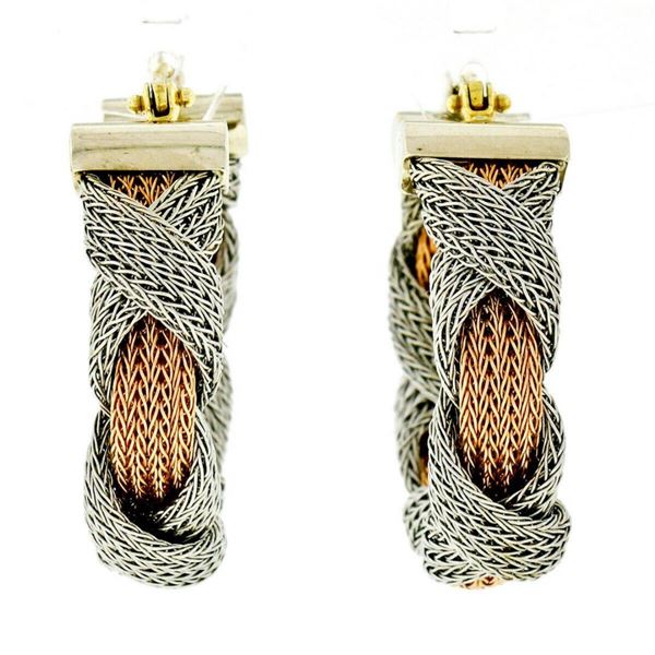 Estate 18kt Rose & White Gold 30mm Braided Mesh Hoop Earrings