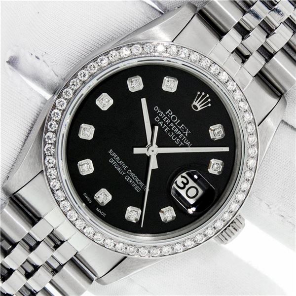 Rolex Mens Stainless Steel Black Diamond 36MM Datejust Wristwatch
