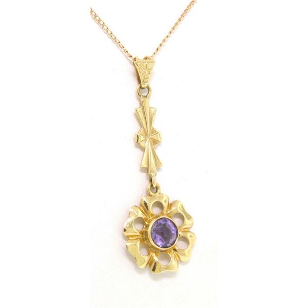 Antique Art Nouveau 14K Gold Old Cut Amethyst Long Dangle Flower Pendant w Chain