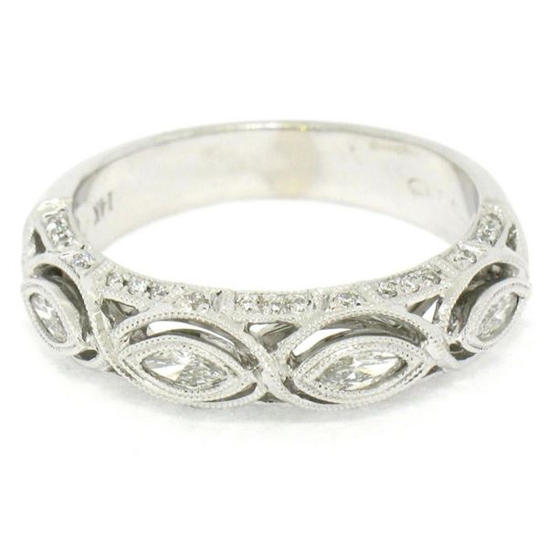 Unique 14K White Gold 0.69 ctw Bezel Marquise Round Diamond Wedding Band Ring