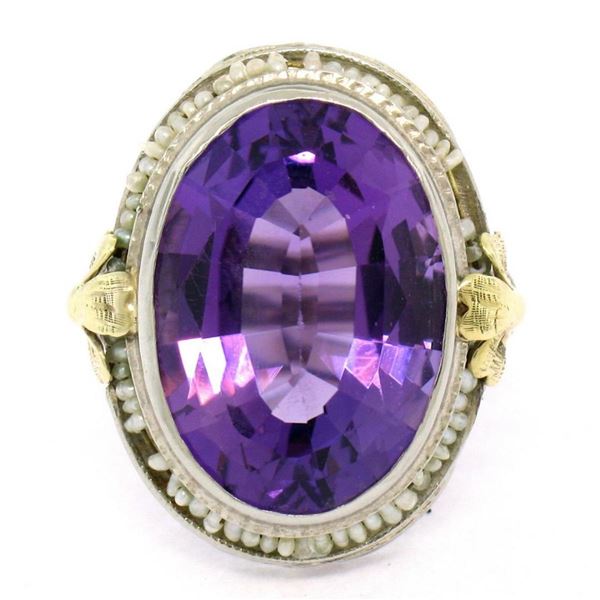 Antique Art Deco 10K Two Tone 9.15 ctw Amethyst Seed Pearl Filigree Cocktail Rin