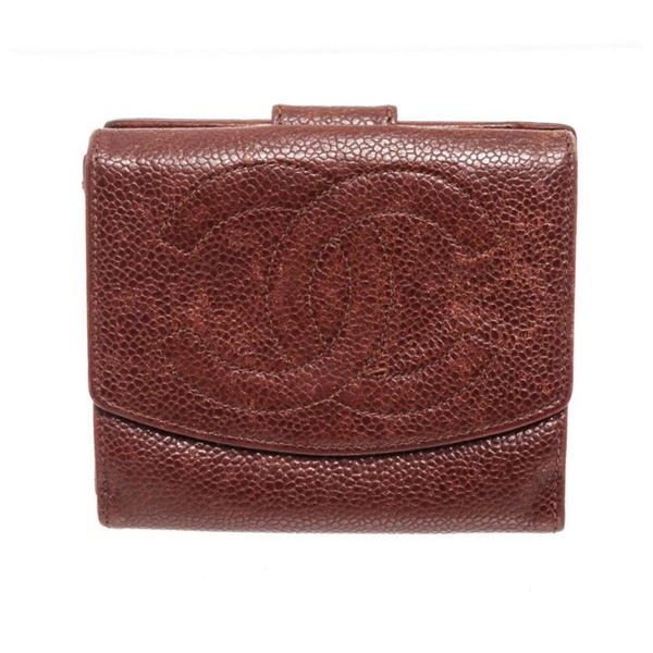 Chanel Brown Caviar Leather Compact Tab Wallet