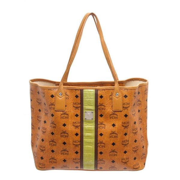 MCM Cognac Coated Canvas Shopper Tote Bag