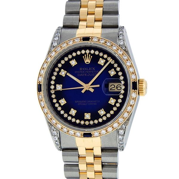 Rolex Mens 2 Tone Lugs Blue Vignette Diamond String & Sapphire Datejust Wristwat