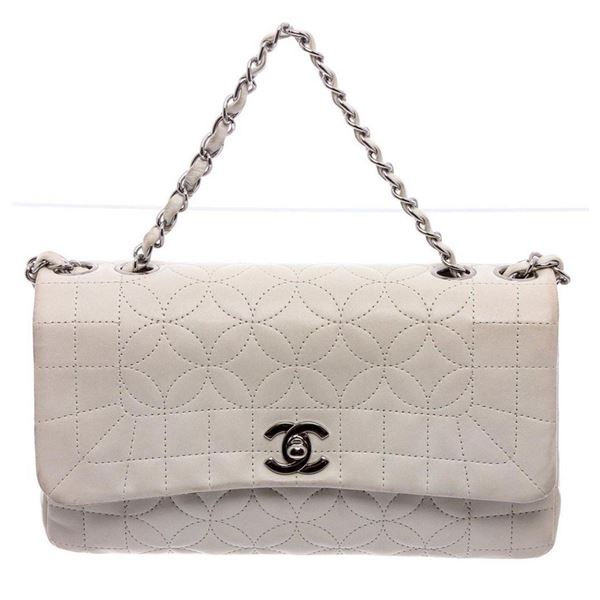 Chanel White Stitched Leather Single Flap Bag