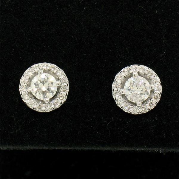 NEW 14k White Gold 1.06 ctw Round Brilliant Diamond Stud Earrings w/ Pave Halos