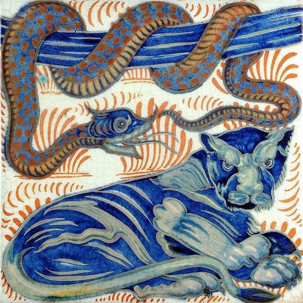 After William De Morgan, Lion Snake Ceramic Art Tile