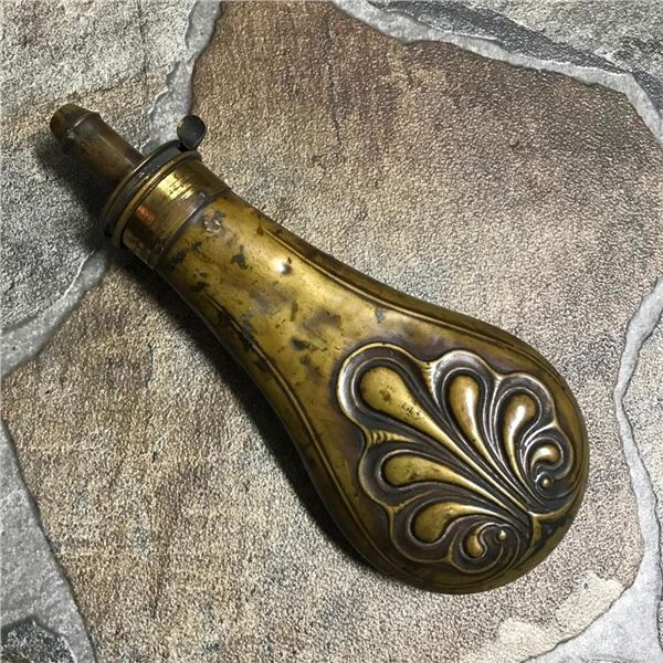 Large Ornate19thc Copper & Brass Powder Flask