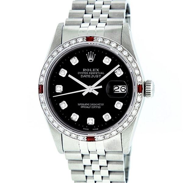 Rolex Mens Stainless Steel Black Diamond & Ruby 36MM Datejust Wristwatch Oyster