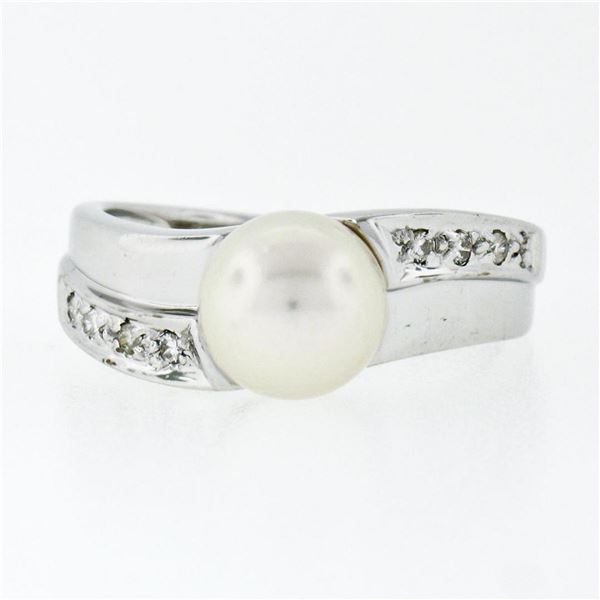 Estate 14k White Gold 7.65mm Akoya Pearl Solitaire & Pave Set Diamond Band Ring