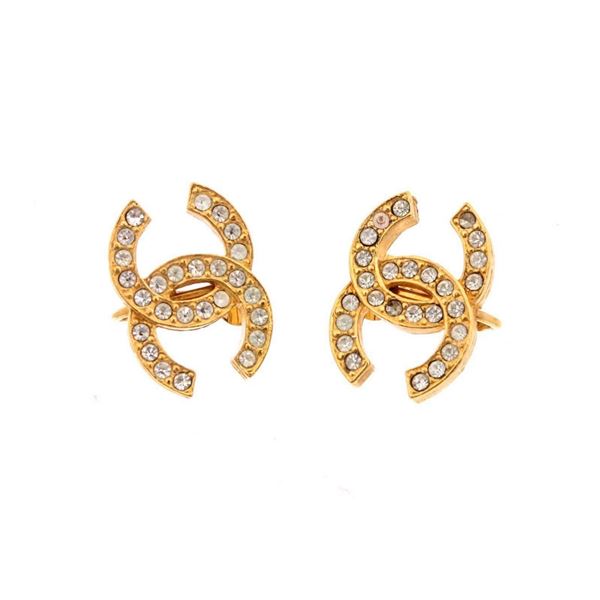 Chanel Vintage Gold Rhinestone CC Clip On Earrings