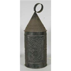 LARGE PIERCED TIN LANTERN, adapted for electr