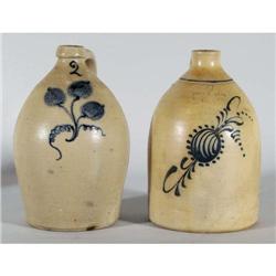 PAIR OF DECORATED STONEWARE JUGS each two gal