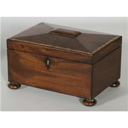 REGENCY MAHOGANY TEA CADDY, with satinwood cr