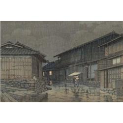 HASUI WOODBLOCK PRINT Rain at Nitsusaka, Toka