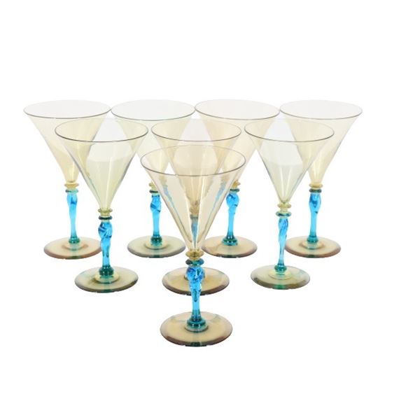 Set of (8) Steuben Amber & Celeste Blue Goblets