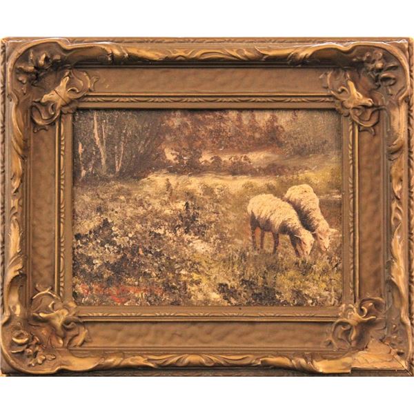 Antique Oil of Two Sheep Grazing, O/B