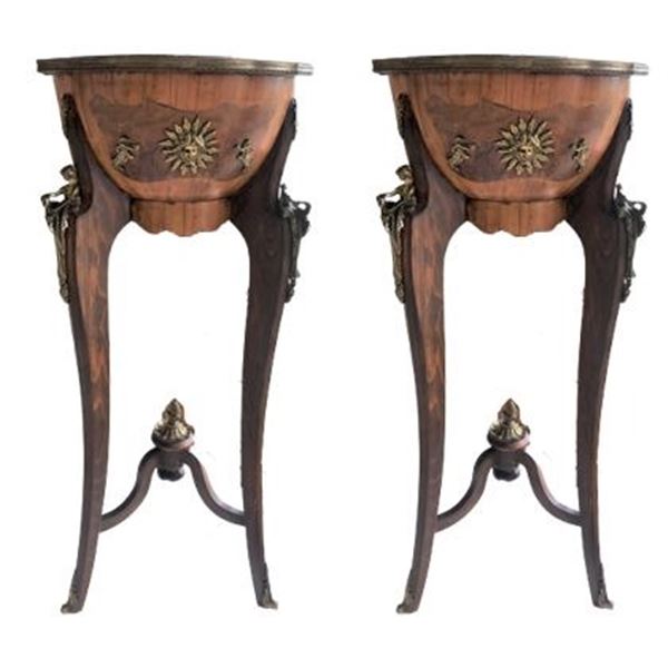 French Style Inlaid Large Wood & Brass Pedestals