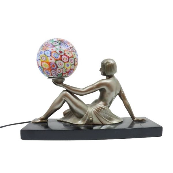 Art Deco Figural Lamp w. Millefiori Shade