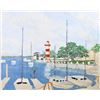 Image 1 : "Boats at Dock & Lighthouse" Oil on Canvas