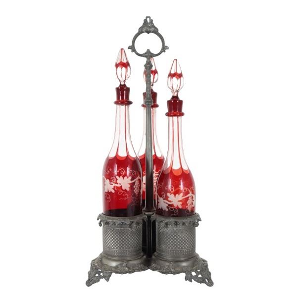 Bohemian Cranberry Etched Decanter Set