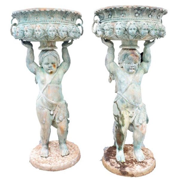 Pair of 20th Century Bronze Cherubim Planters