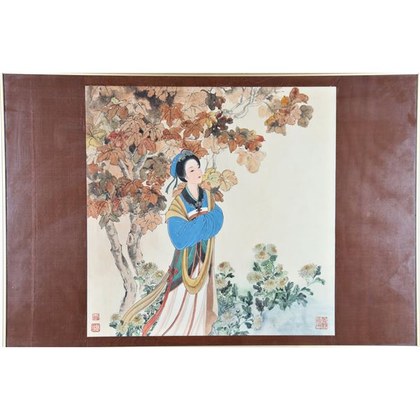 Woodblock Print, Asian Maiden in Autumnal Setting