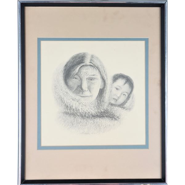 Portrait of Inuit Woman w Child, Signed Litho