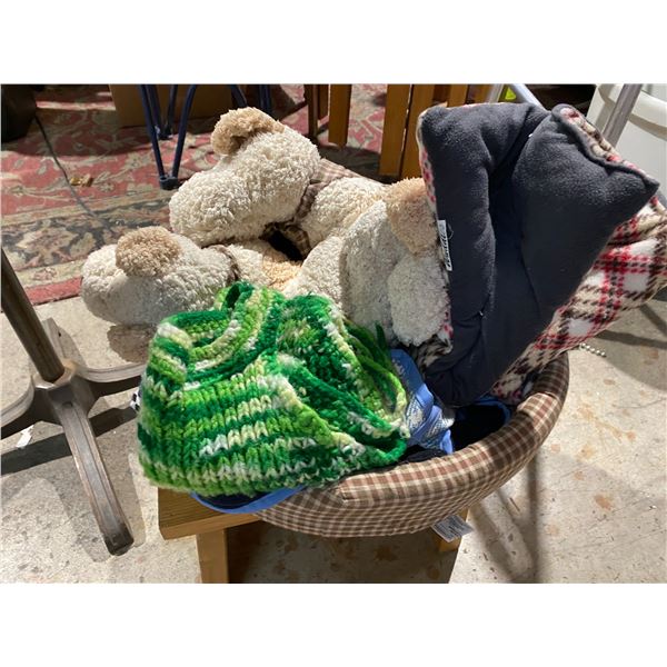 Pet bed, dog clothes and stuffies