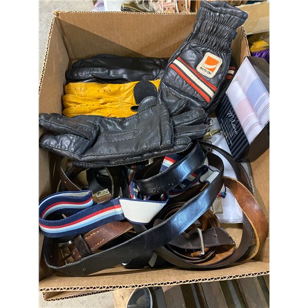 Lot of belts, leather gloves, and Hanker chiefs